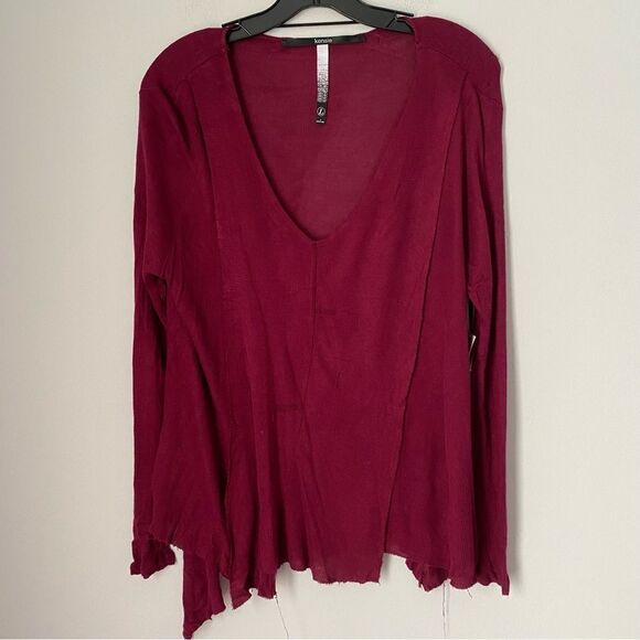 Kensie Women’s Long Sleeve Deep V Neck Burgundy Waffle Knit Top size L - Picture 1 of 6